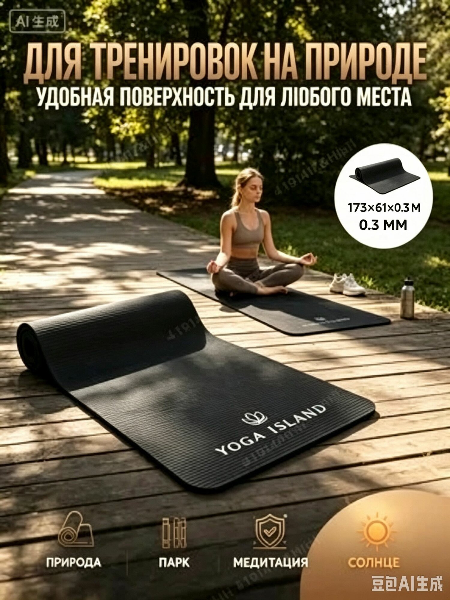 YOGA ISLAND Коврик для фитнеса и йоги толстый нескользящий, черный. Спортивный инвентарь для дома. Товары для спор
