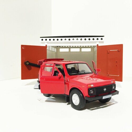 фото Гараж с распашными воротами + lada niva 2121 (красная) - металл, инерция, открытие дверей, багажника форма