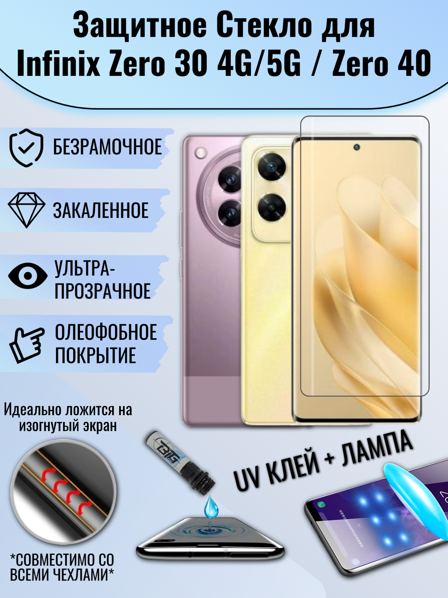 Защитное стекло для Infinix Zero 30 / Zero 40 с UV УФ клеем и лампой