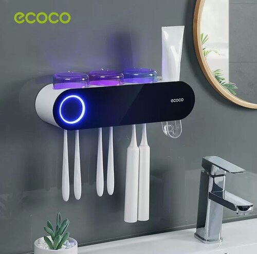 Изображение товара Дозатор для зубной пасты Ecoco настенный, держатель щеток для ванной, со стаканами, пластик белый