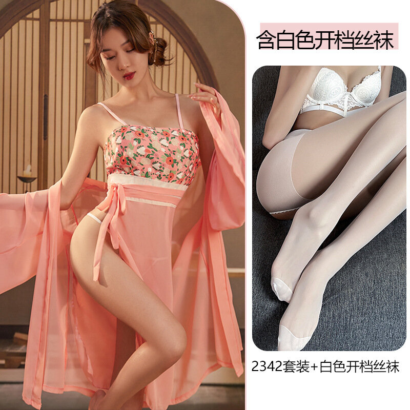 Сексуальная женская ретро-ночная рубашка в этническом стиле ханьфу с вышивкой, высоким разрезом и цветочным принтом, чувственное и сексуальное нижнее белье 2342. Розово-белый комплект, включающий белые колготки с открытой промежностью.