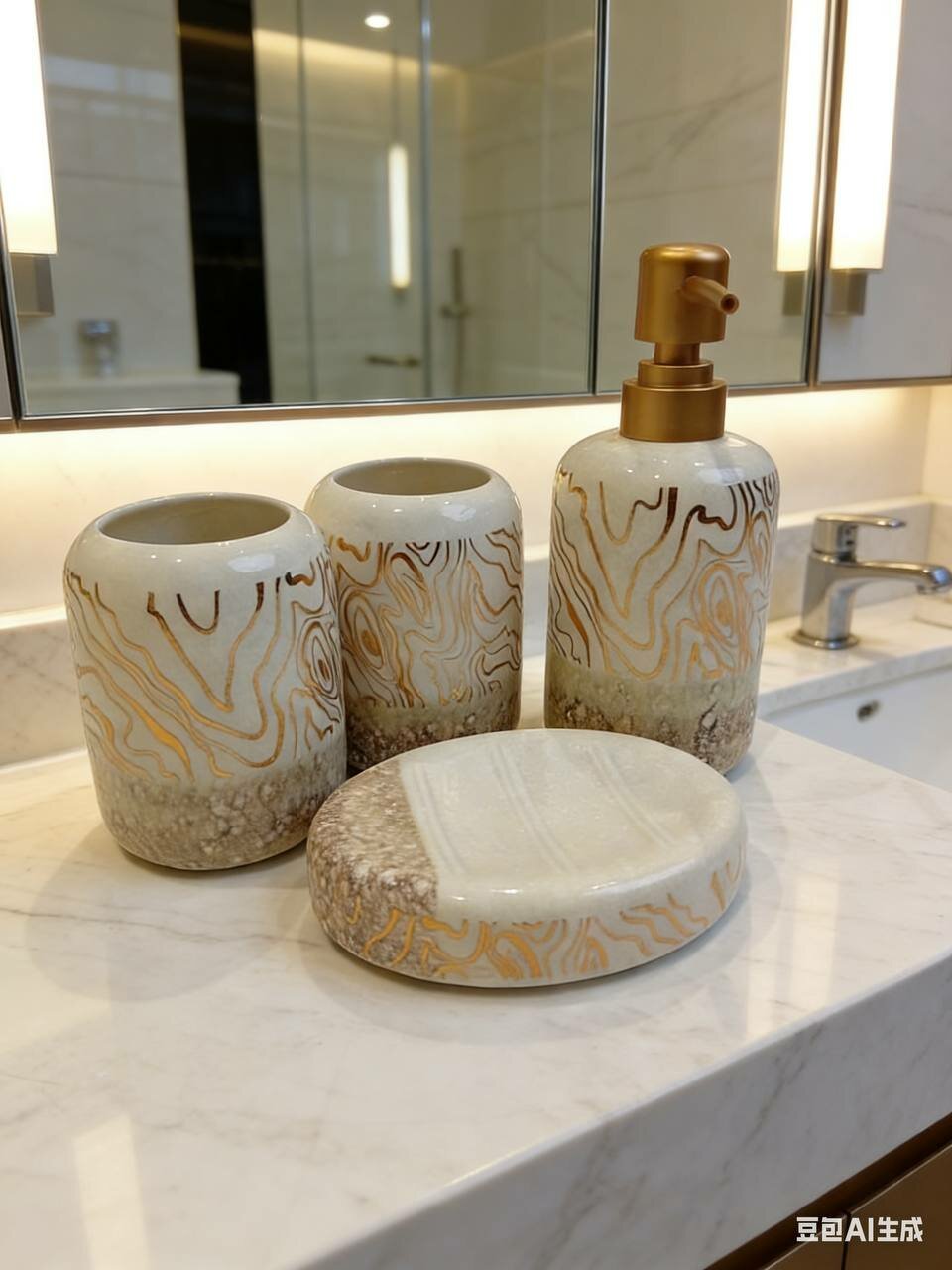 Набор для ванной комнаты, 4 предмета, белого и золотого цвета