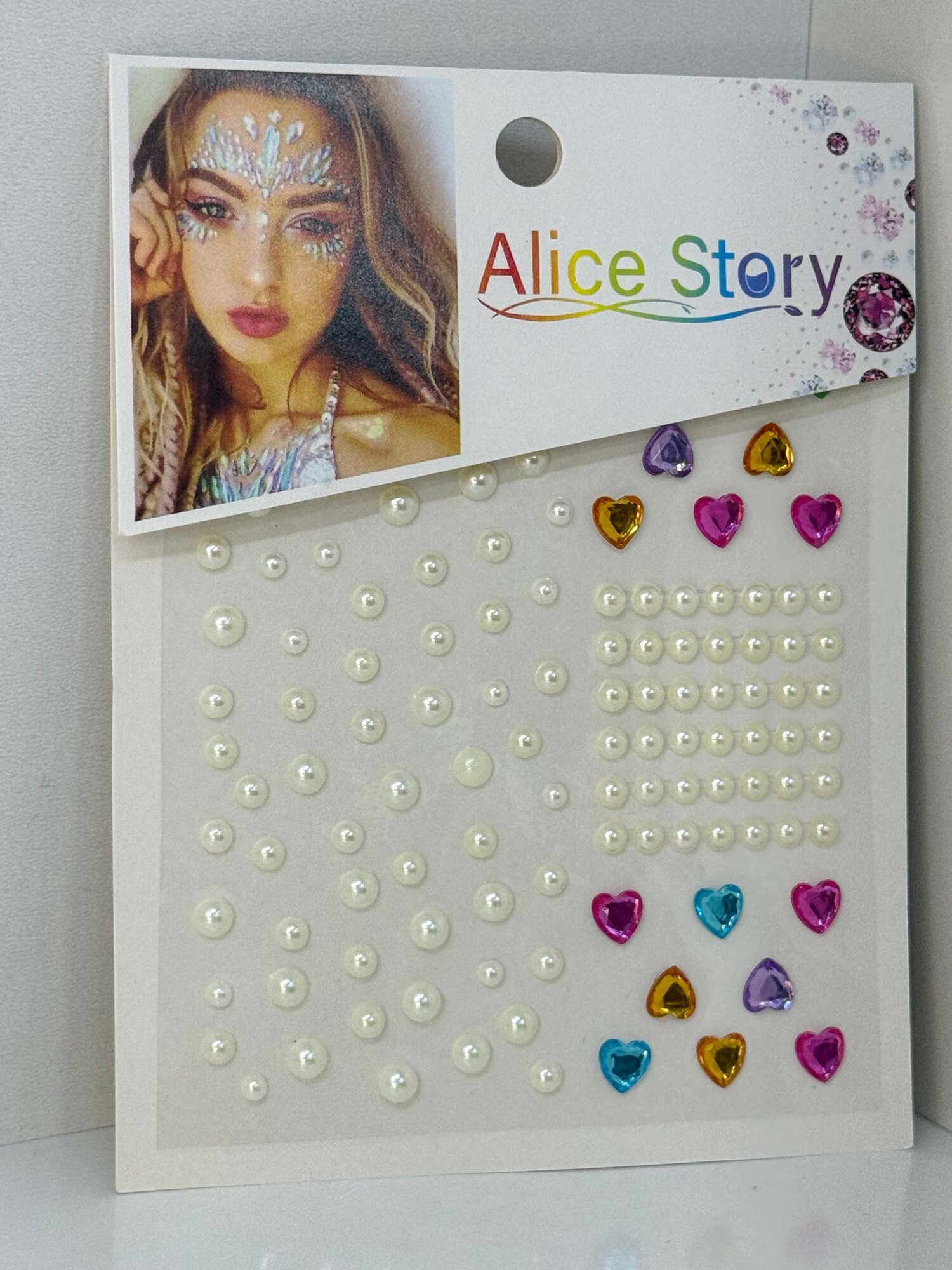 Наклейки-стразы для лица и тела "Alice Story", жемчуг и цветные сердечки