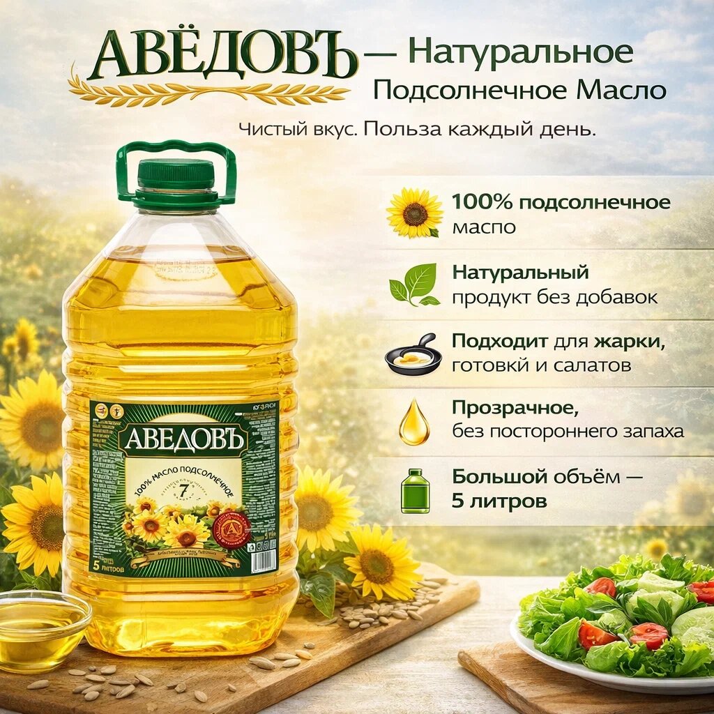 Подсолнечное масло Аведовь, 5 л для вашей кухни самой лучший вариант для приготовление еды