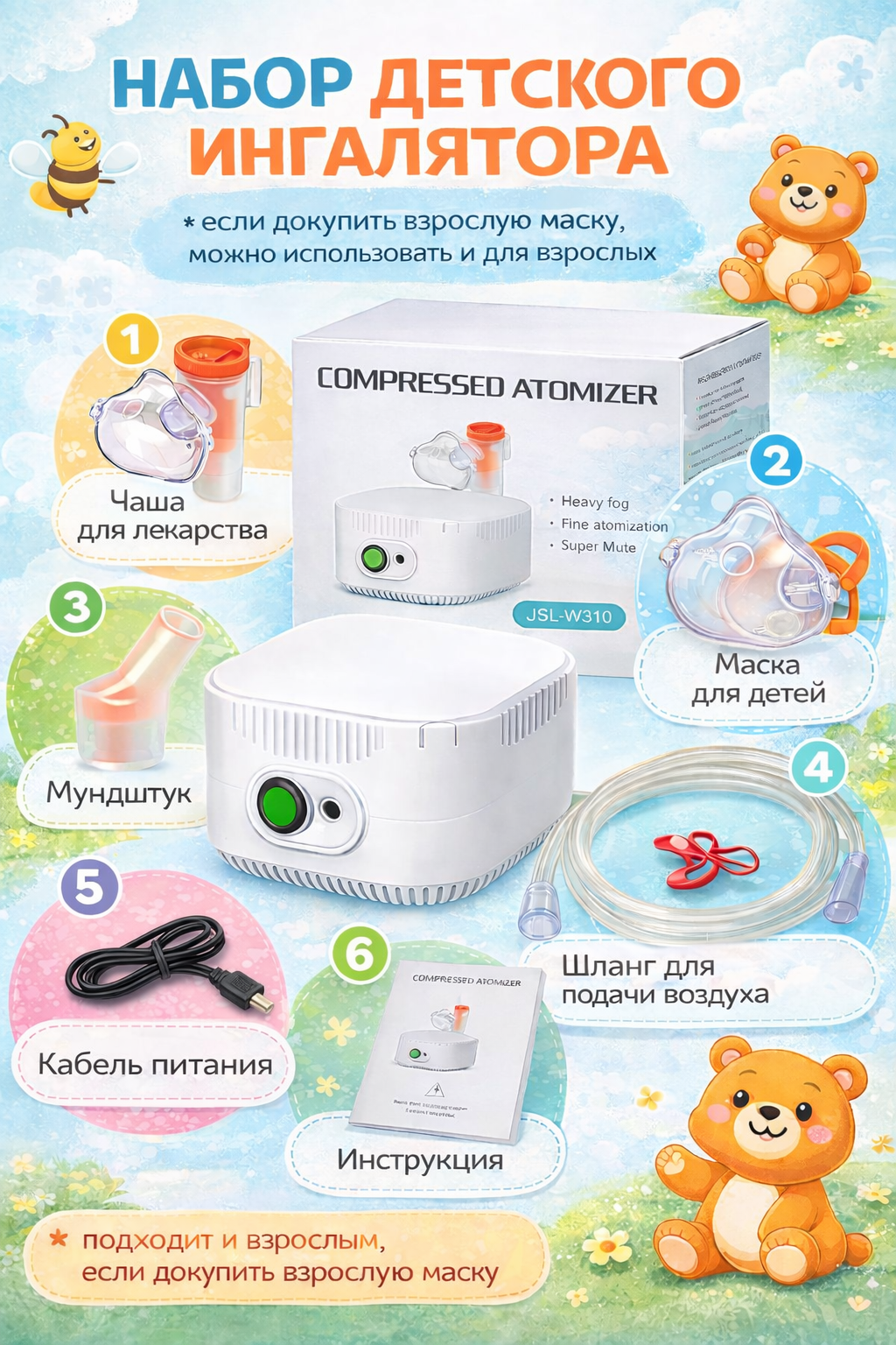 Компрессорный ингалятор-небулайзер JSL-W310, тихий, для дома