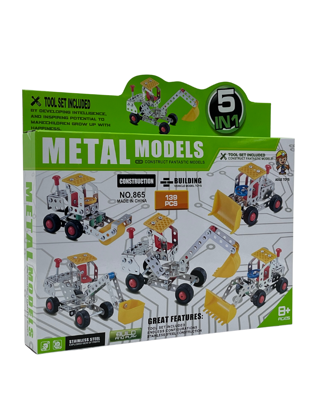 Металлический конструктор Metal Models 5 в 1 «Строительная техника», 139 деталей, с инструментами, для детей 8+