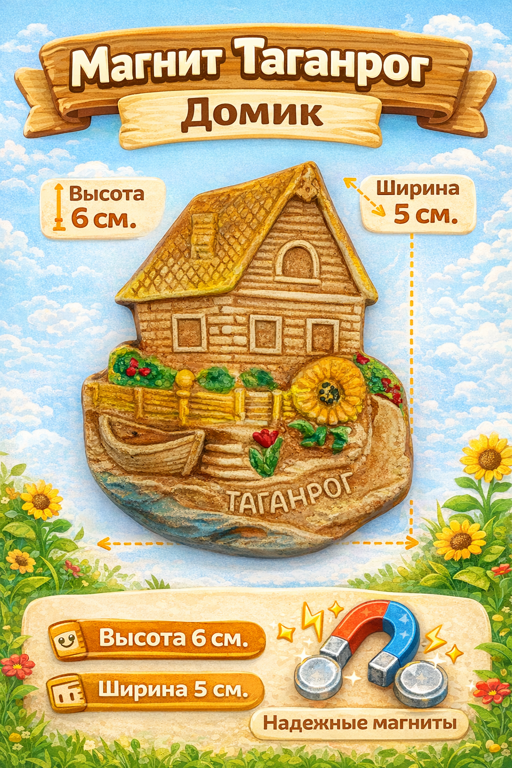 Сувенир "Магнит Таганрог - домик" керамика ручной работы цветной