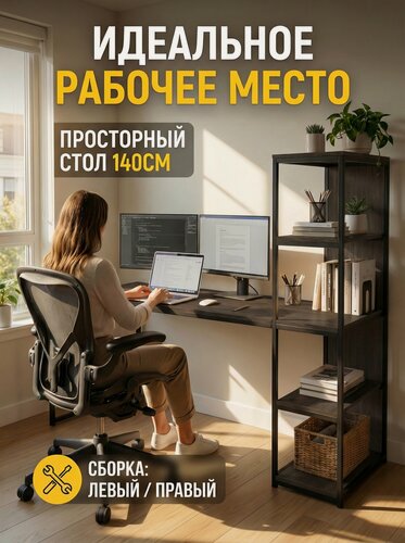 Изображение товара Стол письменный с полками EDWARD, темно-коричневый, компьютерный для школьника, офиса, рабочий, швейный гростат 140х60х75 см.