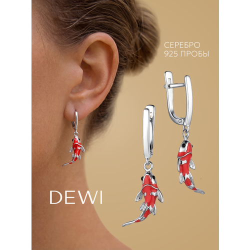фото Серьги dewi, серебро, 925 проба, родирование, эмаль, размер 20 мм, длина 2.7 см, , красный