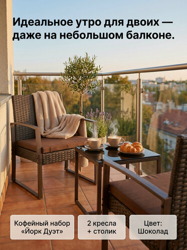 Изображение товара Кофейный комплект садовой мебели Йорк Дуэт (York Duet) из стали и пластика с фактурой под ротанг, шоколад