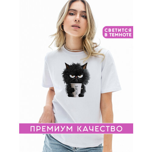 фото Футболка арт-империя светящаяся с принтом кошка, размер xs, белый