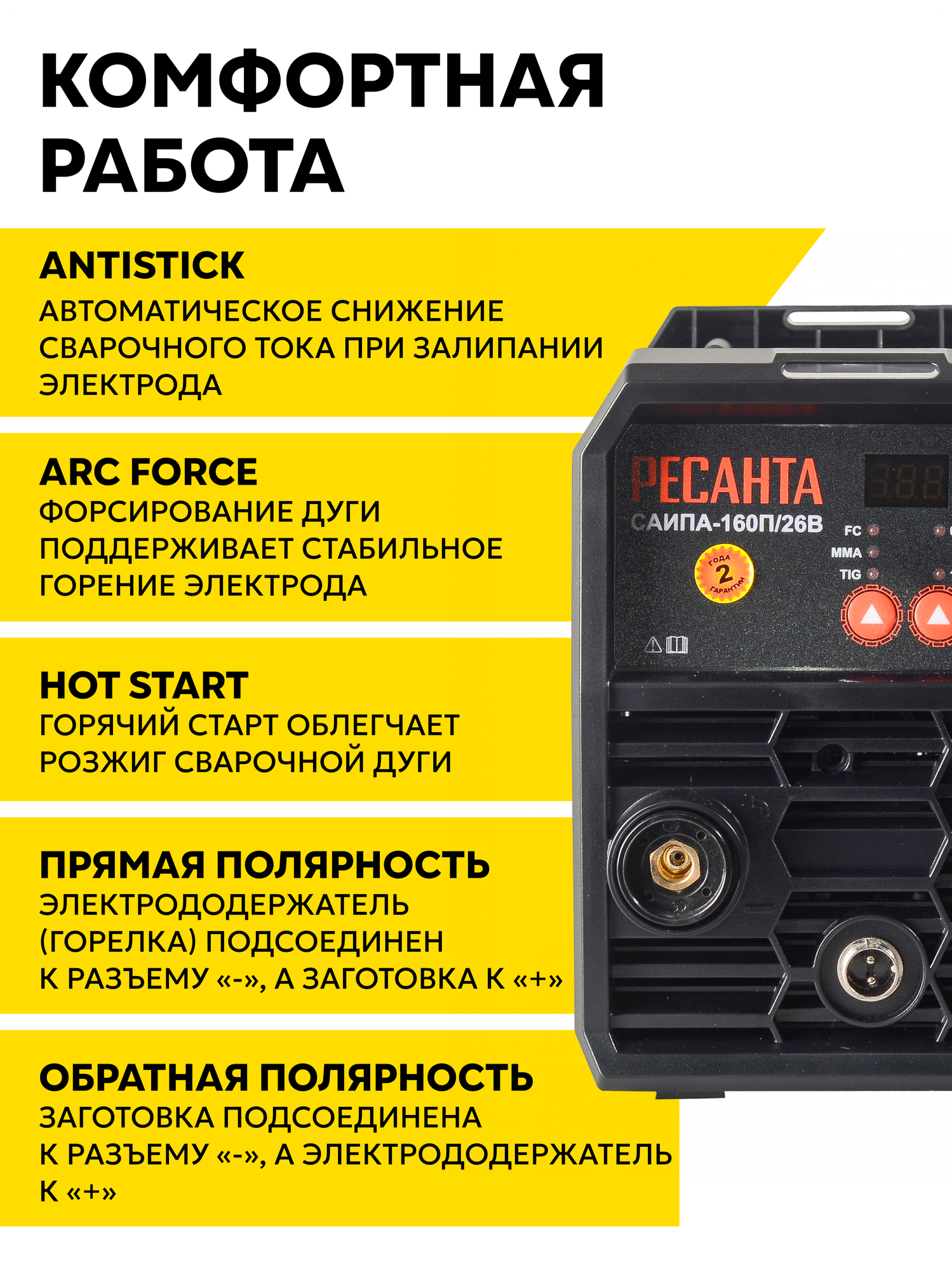 Сварочный полуавтомат, без газа, РЕСАНТА САИПА-160П/26В 3в1, инверторный, FCAW/MMA/TIG, 40-160 A — фото 1