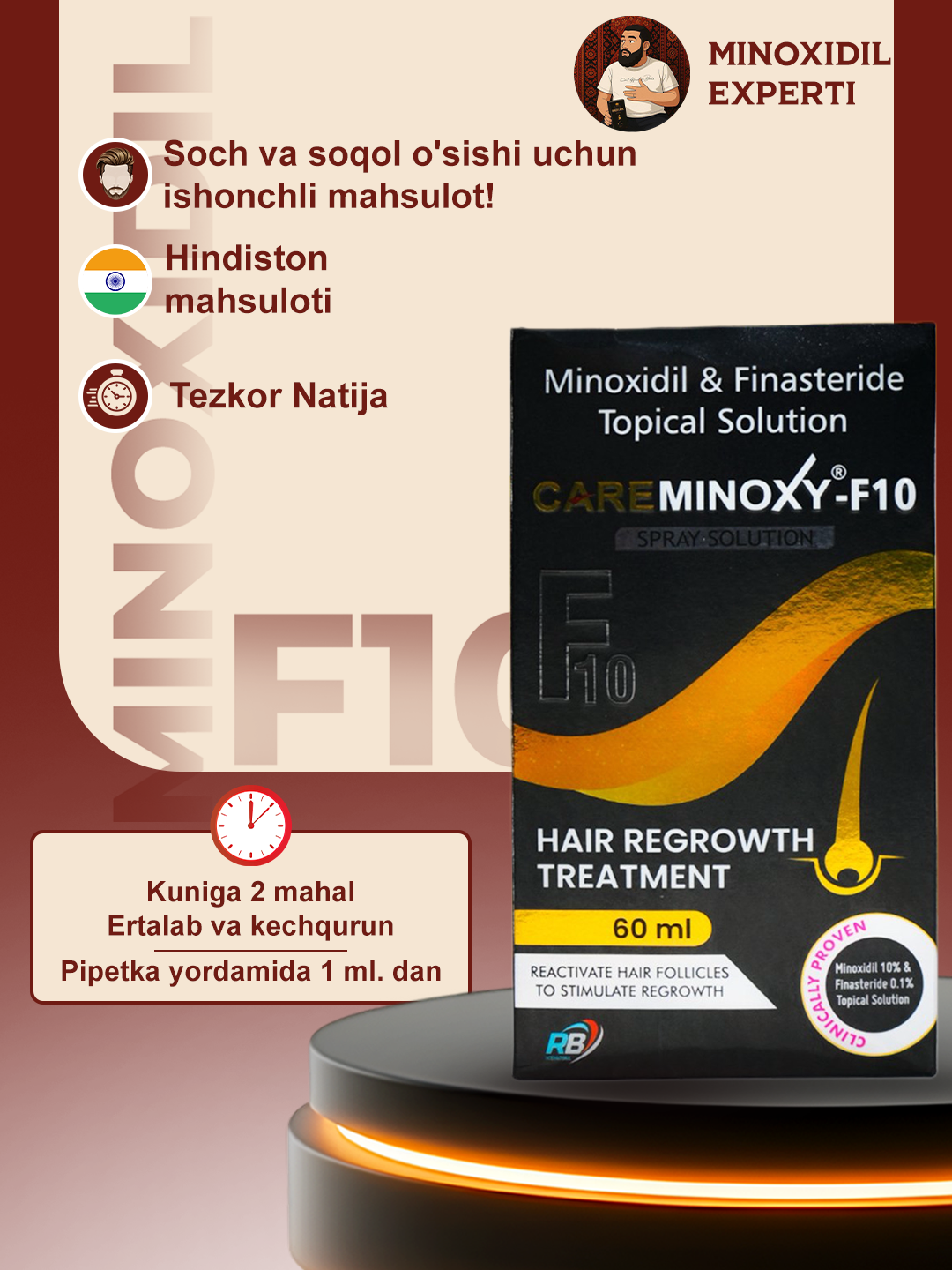 Миноксидил 10% Minoxidil Topical Solution USP 10%, для роста волос и бороды, 60 мл