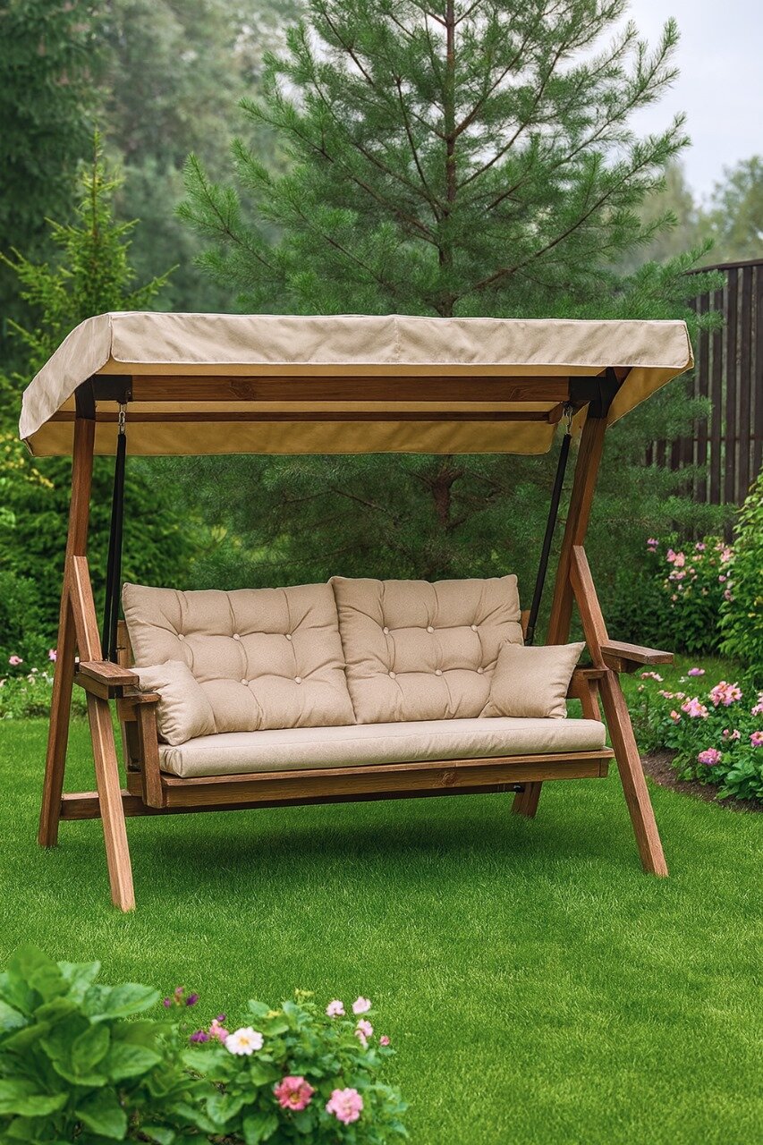 Садовые деревянные качели Royal Family Lyon (бежевые подушки)