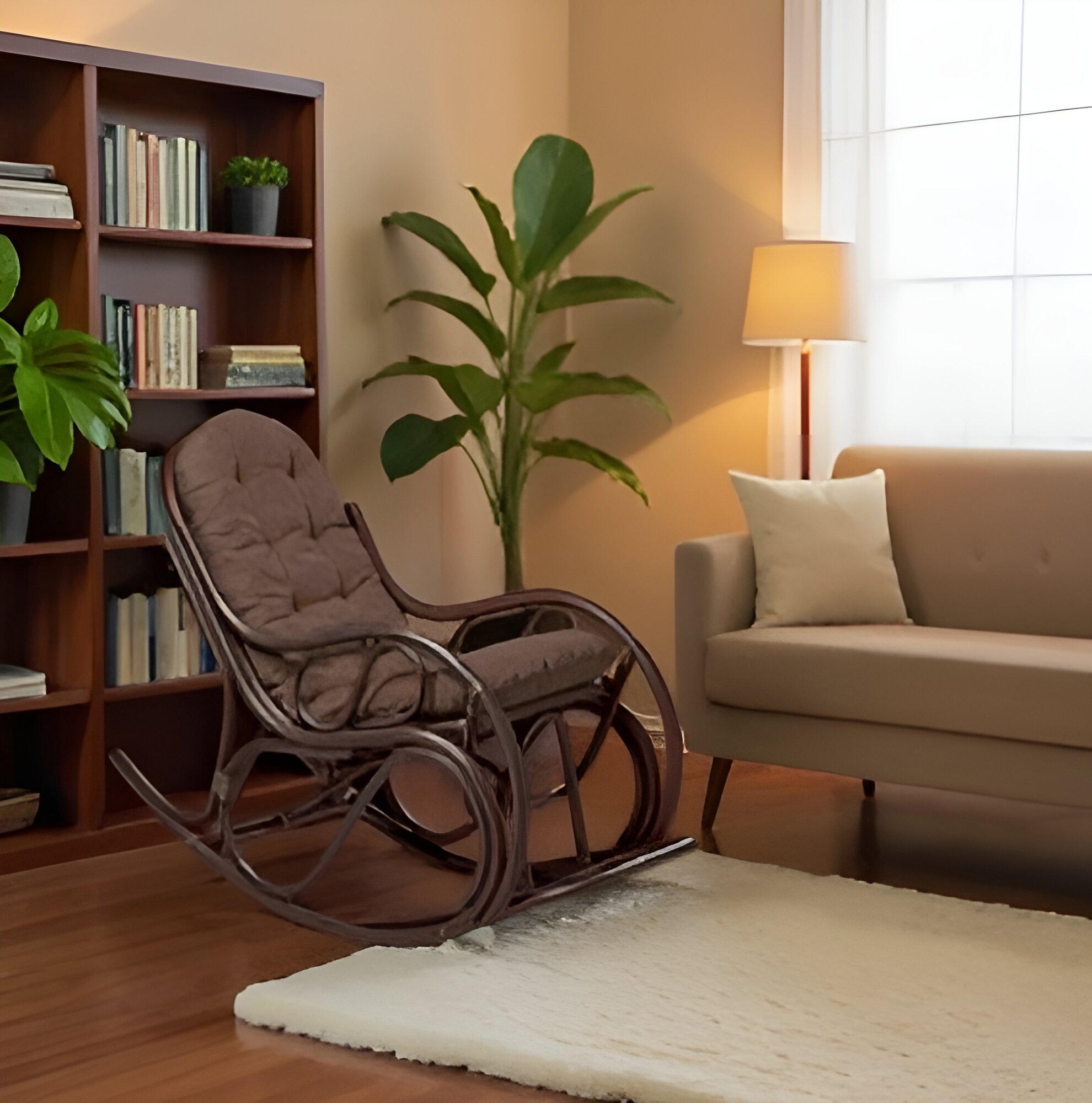 Кресло качалка из натурального ротанга 05 05В разборное с коричневой подушкой  цвет орех матовый