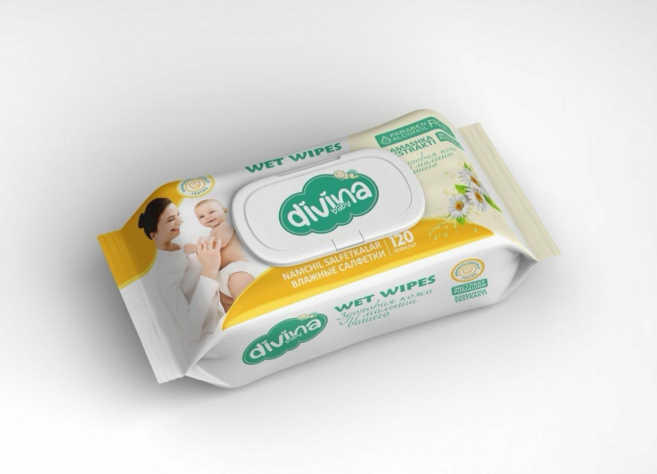 Влажные салфетки Divina, с приятным ароматом, бережное очищение, без спирта, аромат ромашка — фото 1