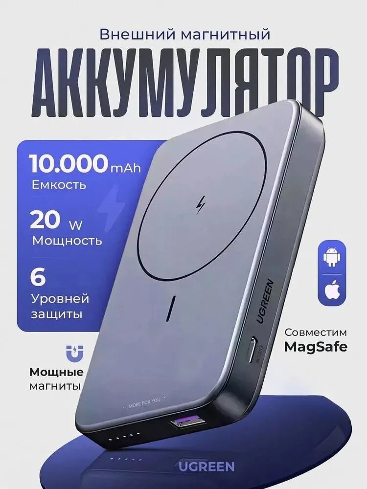 UGREEN 10000mAh магнитный беспроводной повербанк (Space Grey) (LY) PB-206-15086