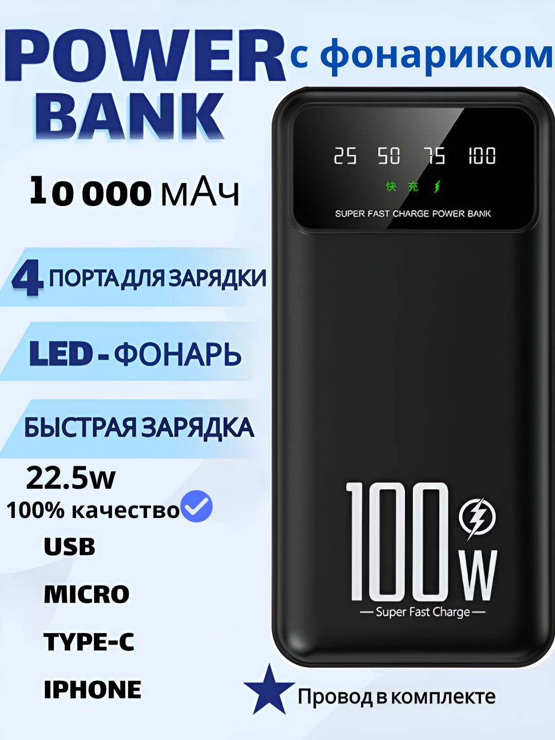 Внешний аккумулятор, 10000 mAh, 22.5 W, с быстрой зарядкой. 100%