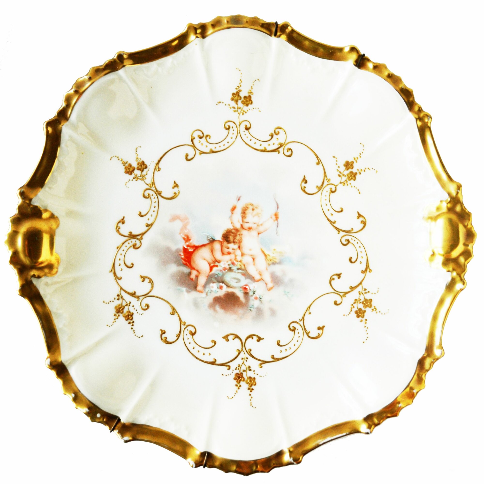 Антиквариат. Большое блюдо "Ангелы. Путти". Фарфор, деколь, ручная подрисовка, золочение. Франция, Limoges, A. Klingenberg & Charles L. Dwenger, 1890-1914 гг.