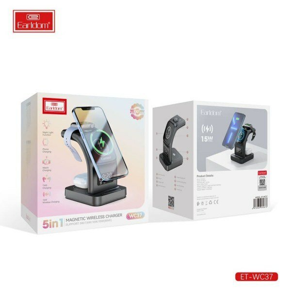 Беспроводная зарядная станция Earldom ET-WC34 5-в-1, 15W Fast Charge, с часами и будильником