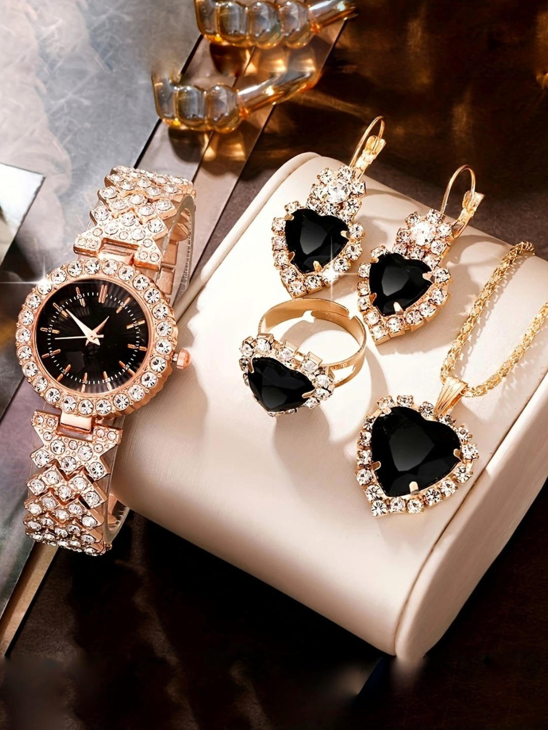 Комплект бижутерии: серьги, кольцо, цепь, колье, браслет, Swarovski Zirconia