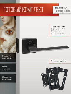 Изображение товара Ручка дверная межкомнатная с защелкой, петли бабочки Черный матовый Комплект