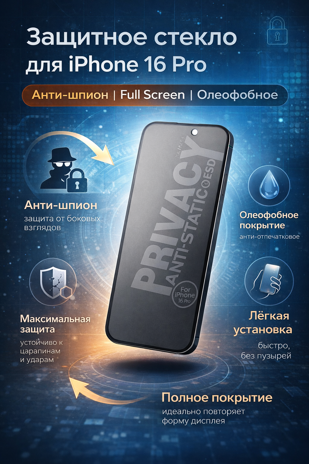 Защитное стекло анти-шпион для iPhone 16 Pro — олеофобное покрытие, 9H