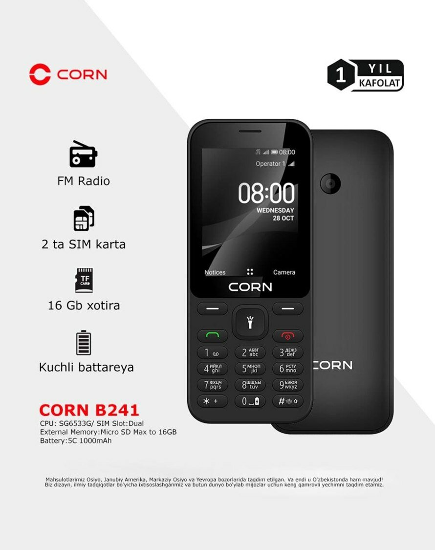 Мобильный кнопочный телефон CORN B241 Dual SIM с поддержкой microSD, MattBlack
