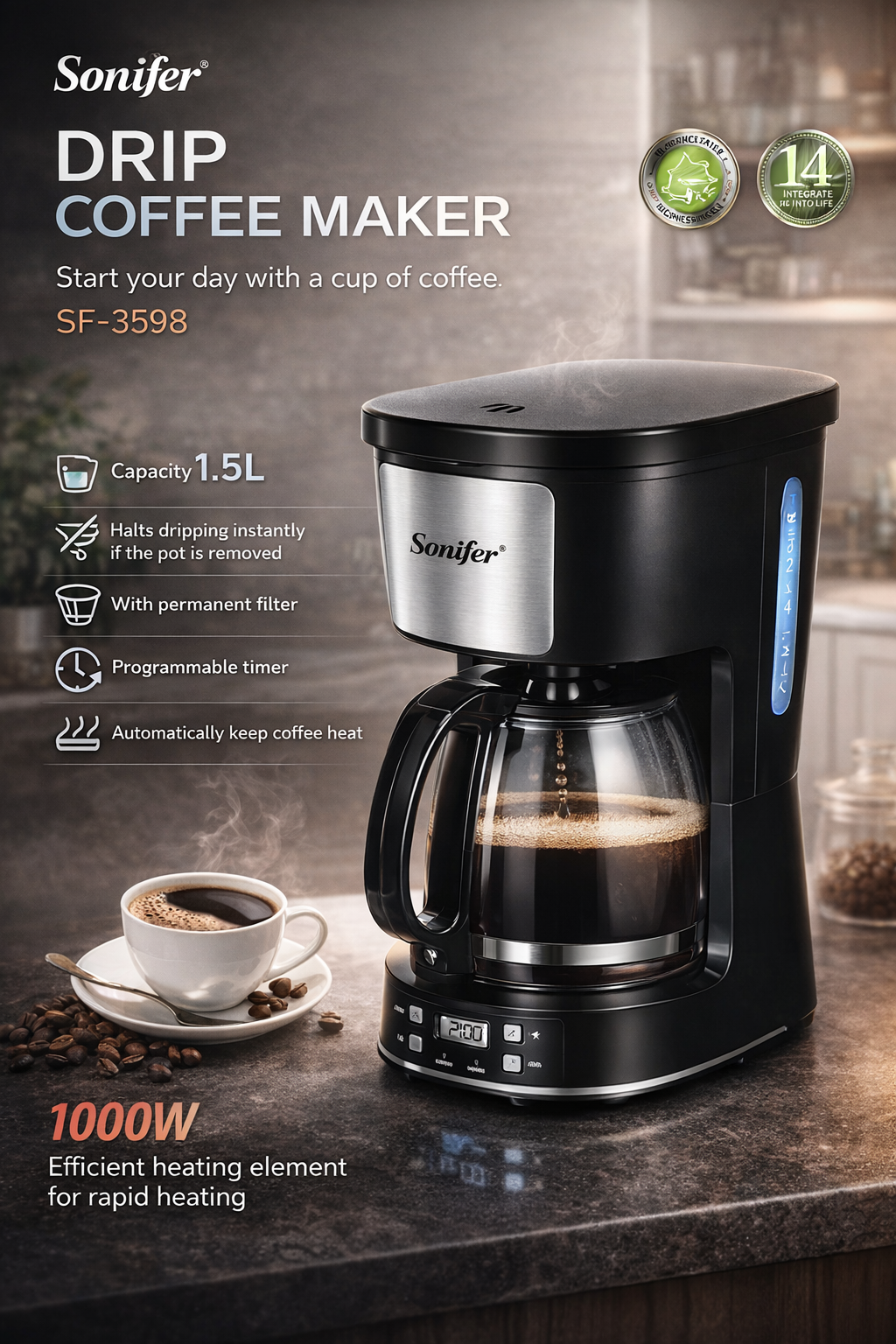 Капельная кофеварка Sonifer SF-3598, Drip Coffee Maker 1.5L, Капельная кофемашина