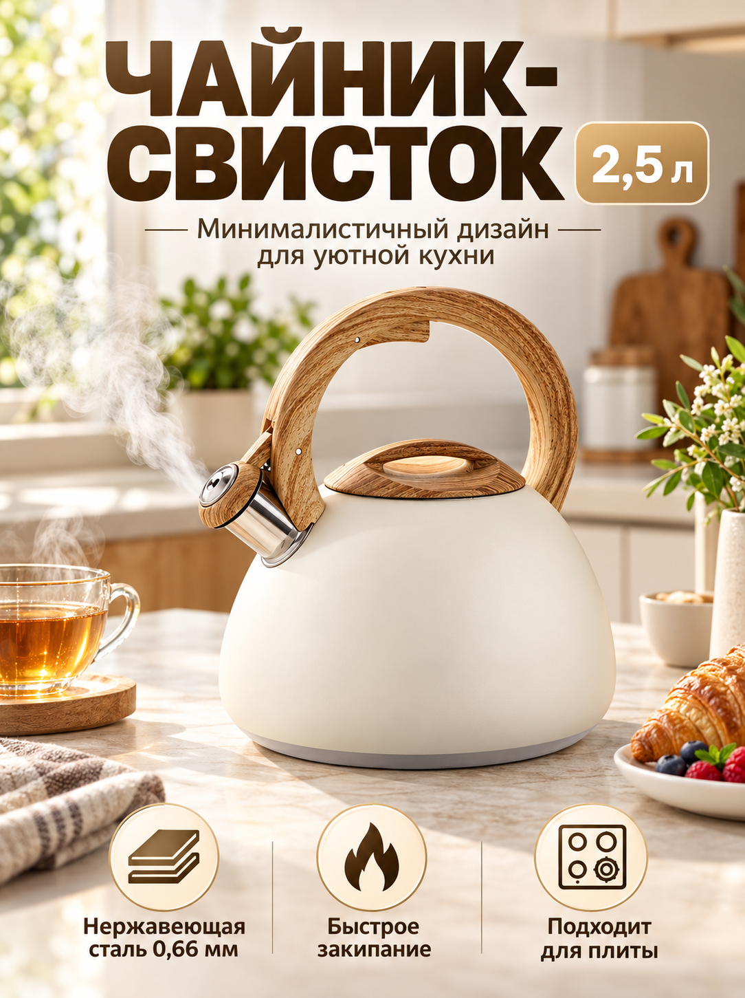 Чайник MARSKITOP, 2.5л, со свистком, кремовый, утолщённая нержавеющая сталь 304, для индукционной и газовой плиты
