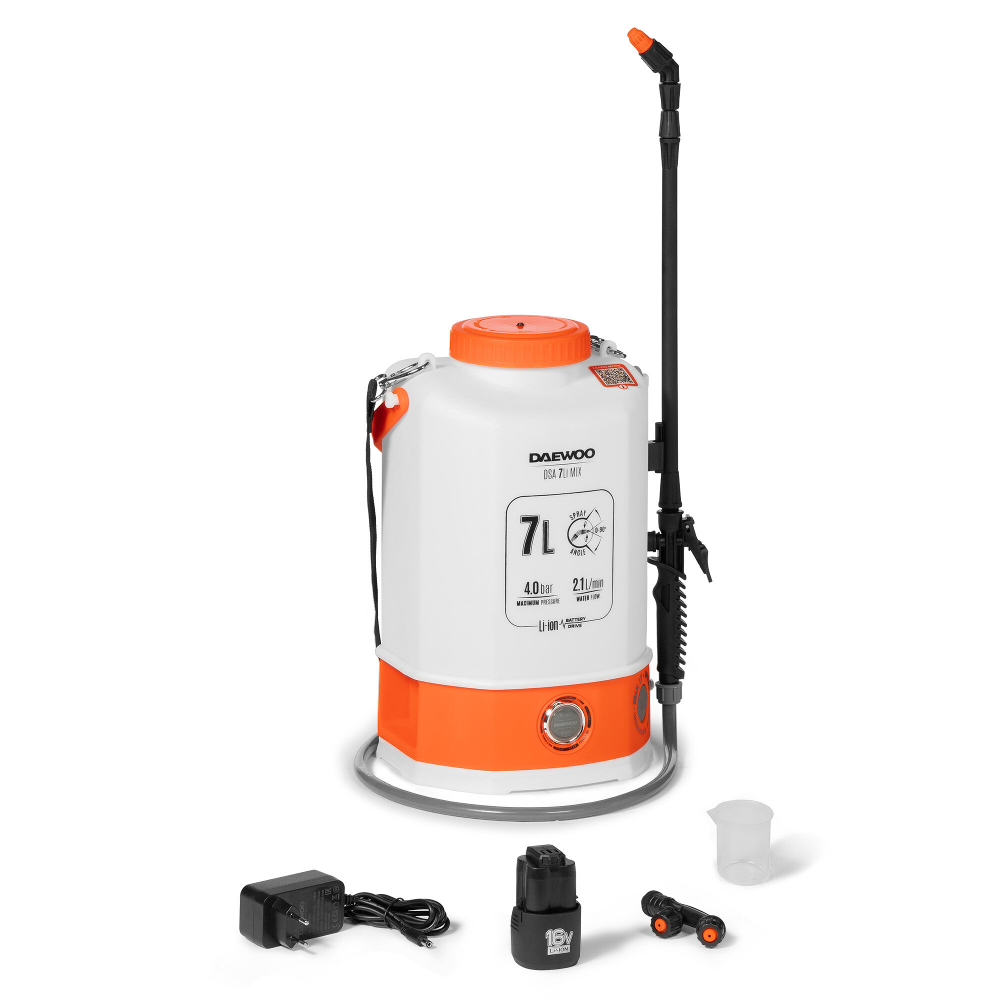 Опрыскиватель аккумуляторный DAEWOO DSA 7Li MIX с АКБ 3 Ач и ЗУ, белый/оранжевый