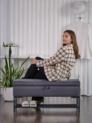 Изображение товара Банкетка KamicoHome, с ящиком для обуви, искусственная замша, темно-серая, 101,5 см x 37 см x 47 см