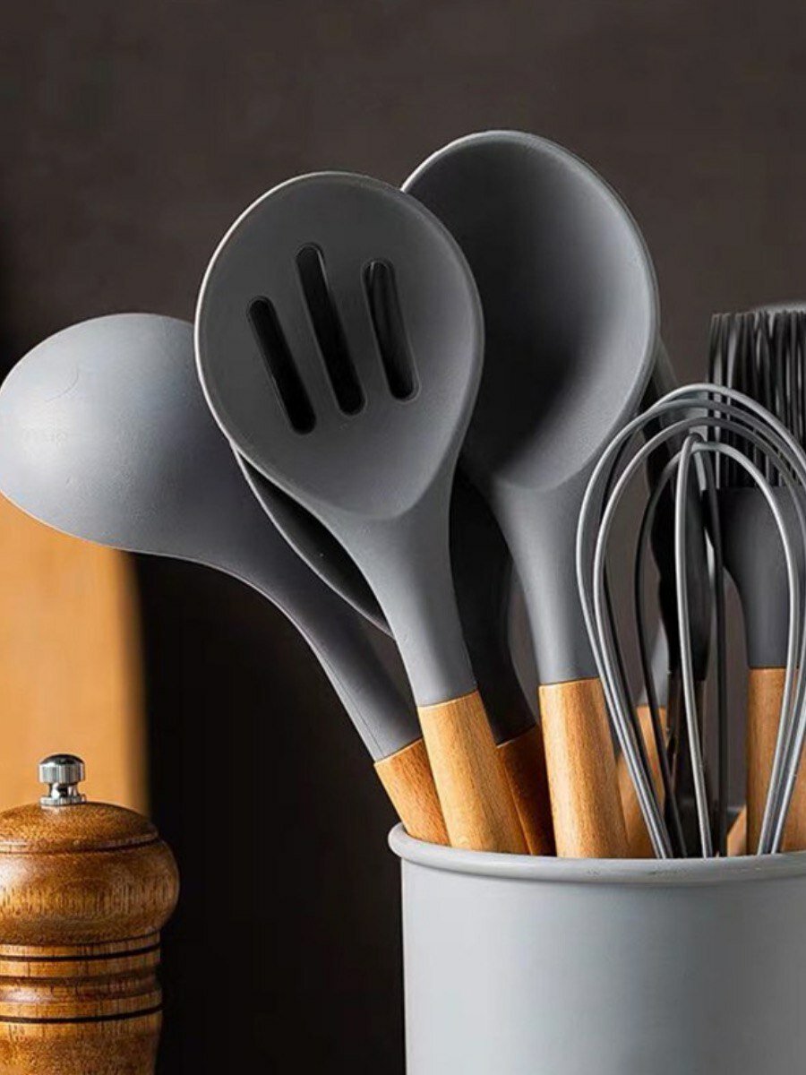 Набор кухонных принадлежностей 11 предметов на подставке , серый — фото 1