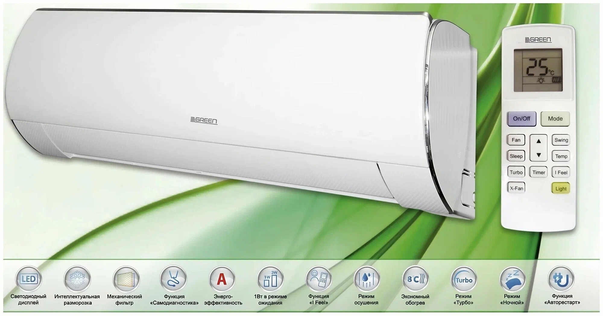 Сплит-система Green GRI-18HH2/GRO-18HH3 белый, не инвертор, 50 кв. м.