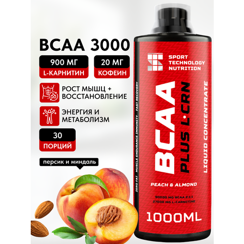 Аминокислоты BCAA 2:1:1 + L-Carnitine, (БЦАА+Л-карнитин), персик миндаль, 1л, спортивное питание, для набора массы и сушки, выносливости и восстановления, жиросжигатель