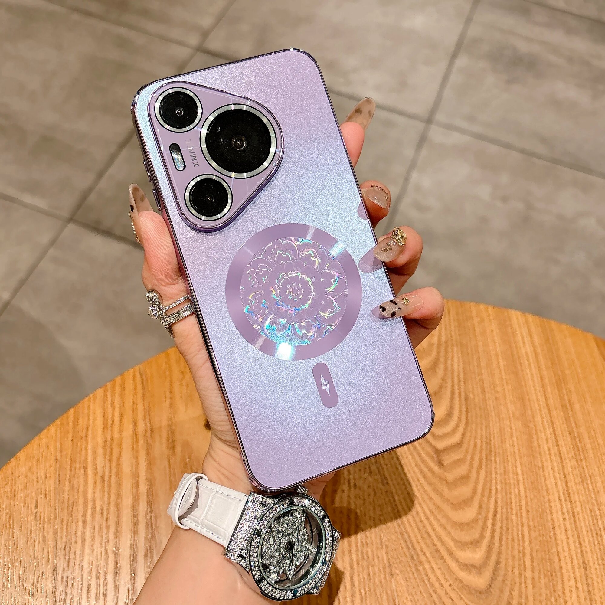 Магнитный чехол с лазерной цветочной беспроводной зарядкой для Huawei Pura 70 Pro, тонкий встроенный стеклянный защитный чехол для телефона с камерой, Хуавей Пура 70 Про, Purple