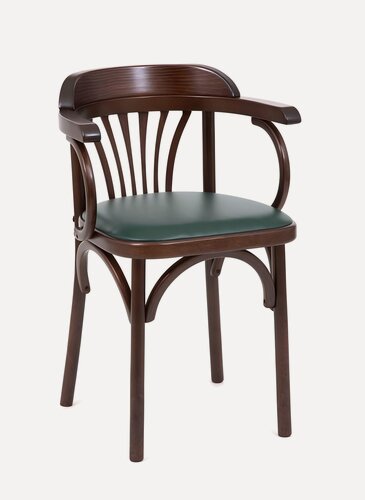 Изображение товара Стул деревянный Венский темный тон, зеленый с мягким сиденьем из экокожи, с подлокотниками