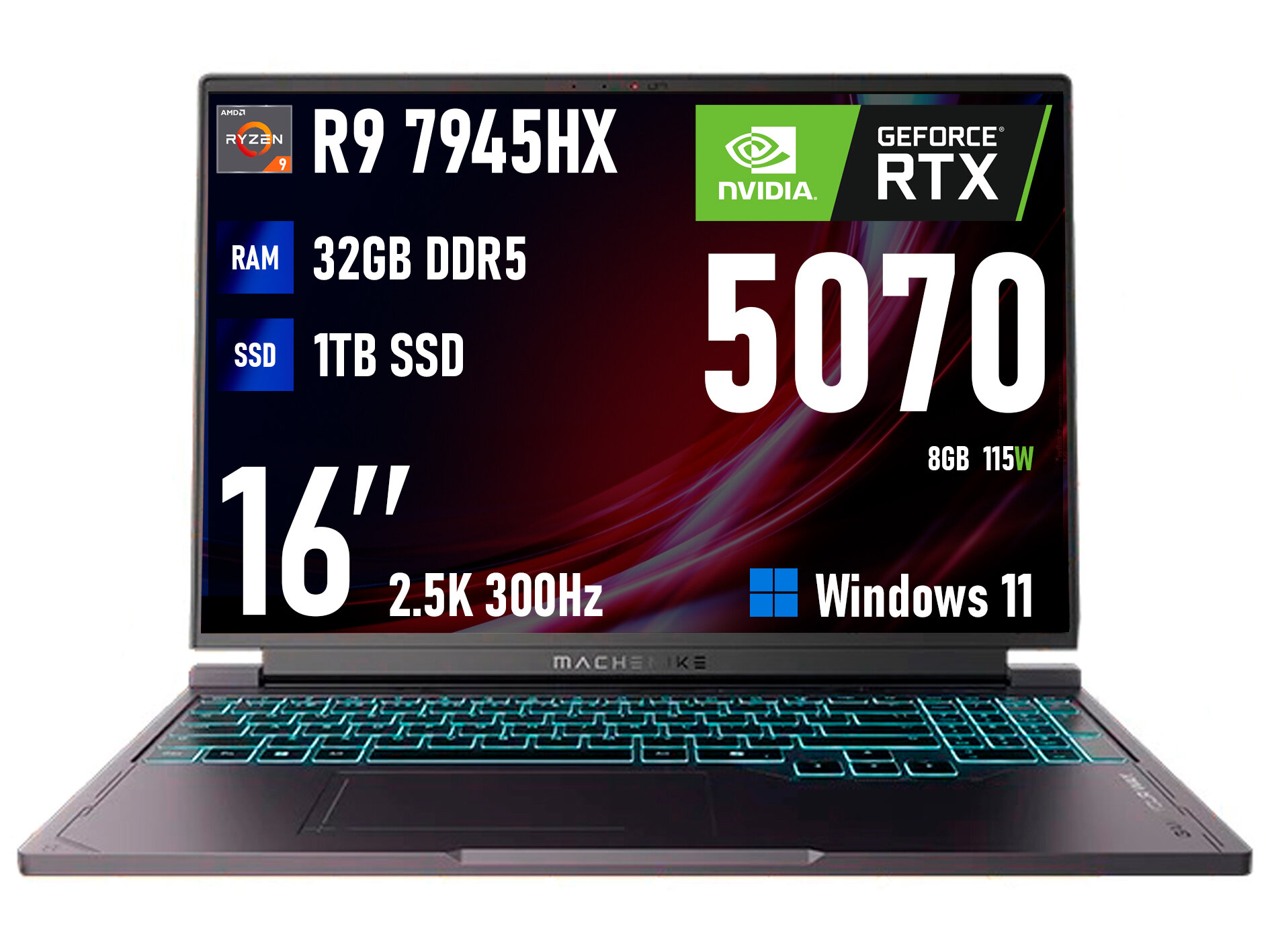Игровой ноутбук MACHENIKE Light 16S, 32ГБ/1ТБ, R9 7945HX, RTX 5070, 16" IPS 2.5K 300Hz, Win 11 Pro, русская клавиатура