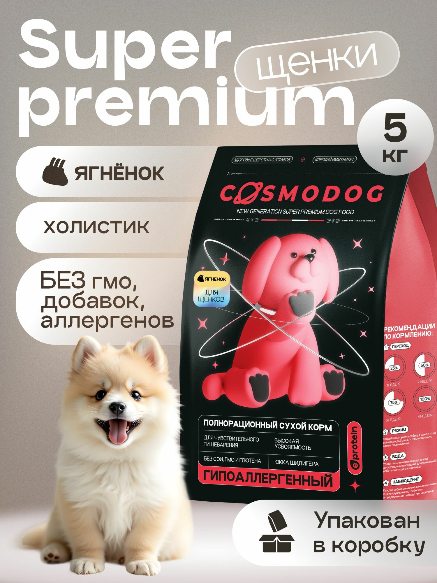 Сухой корм для щенков мелких и крупных пород Cosmodog 5 кг гипоаллергенный холистик с ягненком премиум класса