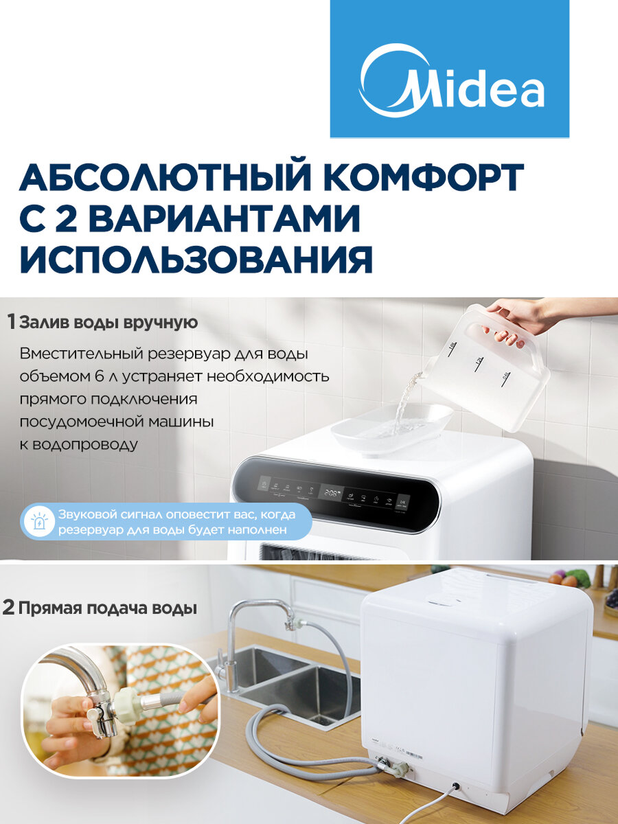 Изображение Компактная посудомоечная машина Midea MCFD42910WMINI-I, Wi-Fi, 6 программ, автооткрытие, с/без подключения к воде