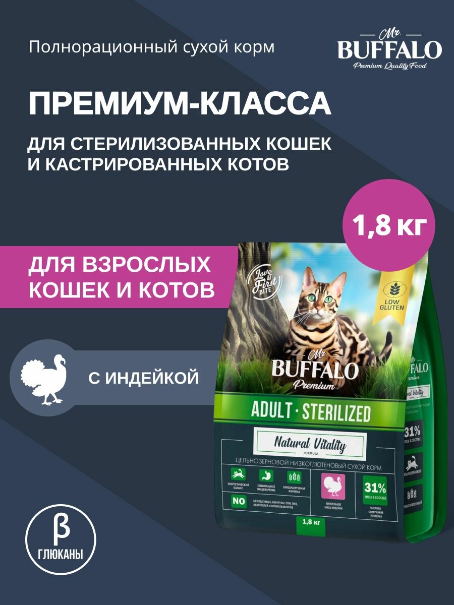 Сухой корм для стерилизованных кошек Баффало Mr.Buffalo Sterilized с Индейкой 1,8 кг