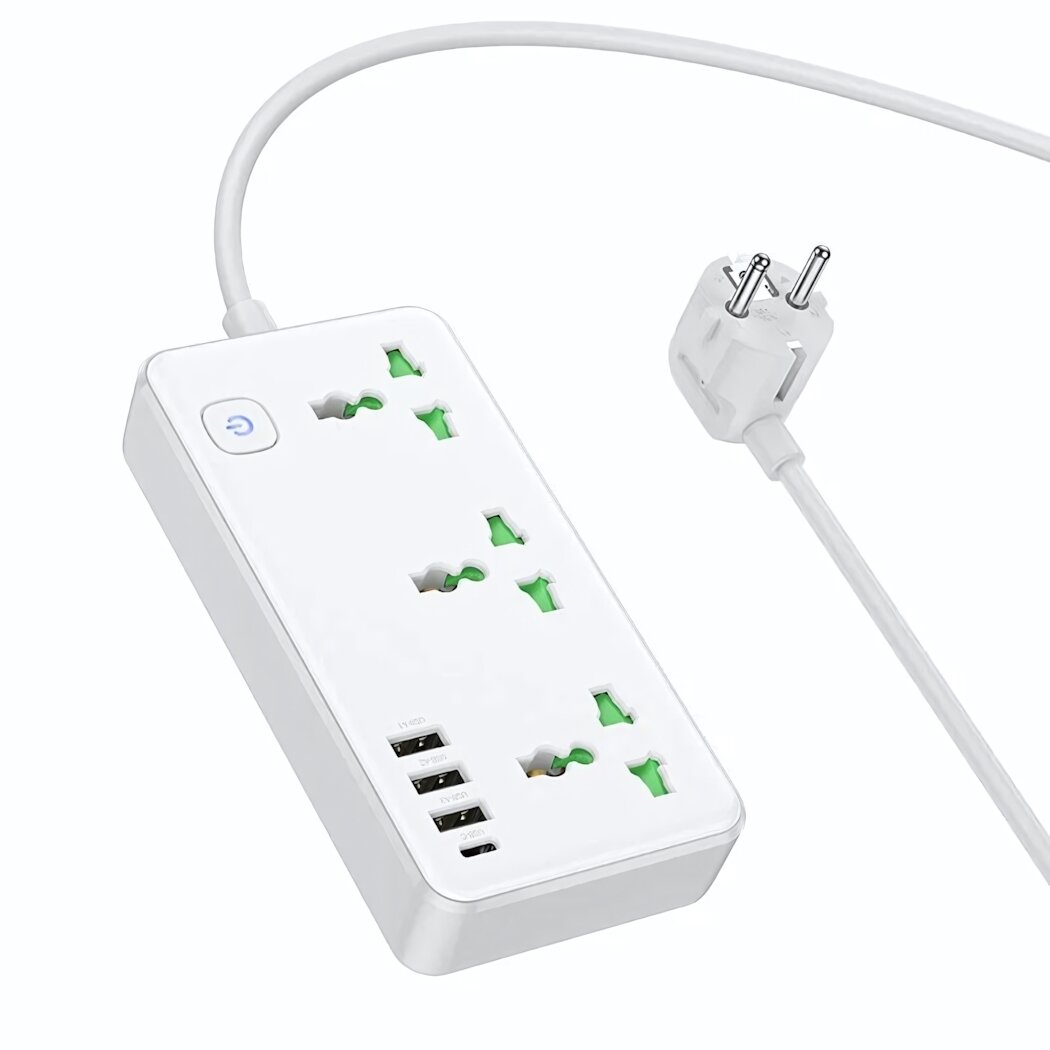 Сетевой фильтр HOCO AC7 250V/10A 3 розетки 3xUSB 1.5м белый