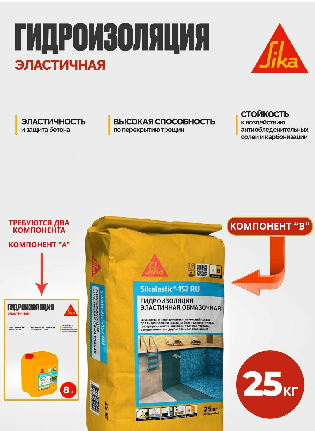 Sikalastic - 152 RU - эластичная гидроизоляция и защита бетона на цементно-полимерной основе с армирующим волокном