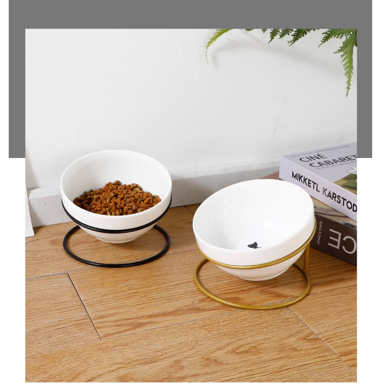 Миска для животных высокая и глубокая с рисунком лапки MyPads керамическая с металлической подставкой анатомическая миска для кошек и собак черная