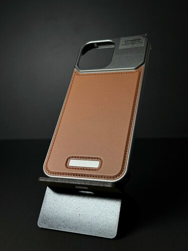 Изображение товара Чехол Айфон 16 Про Макс / чехол iPhone 16 Pro Max Kevlar Metal Case, Алюминиевый, Золотистый, Коричневая кожаная вставка