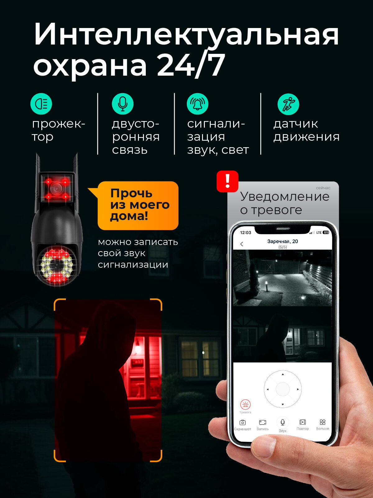 Камера видеонаблюдения уличная с сим картой 4G с двумя объективами чёрная / REGGO — фото 1