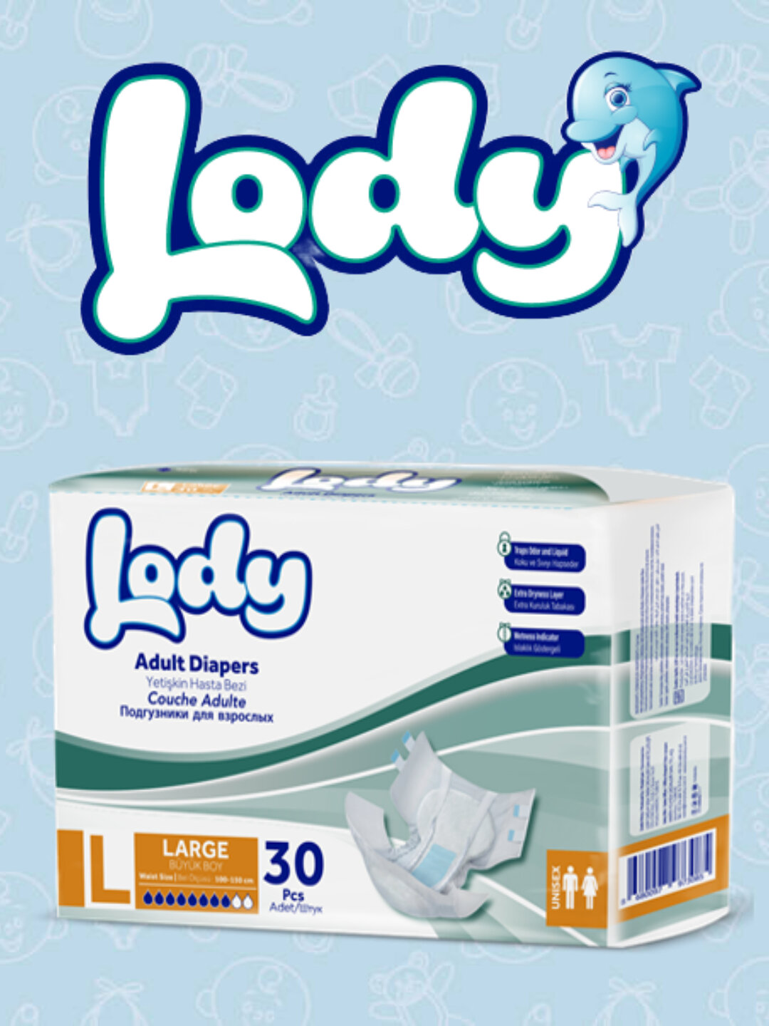 Lody подгузники для взрослых M, L, XL 30 шт Большая упаковка