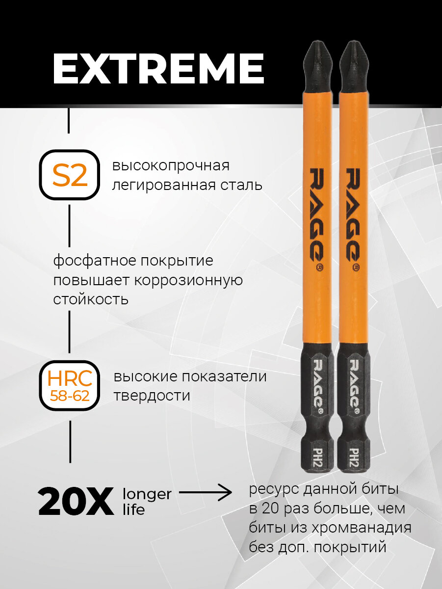 Биты магнитные S2 PH2 х 90 мм 5 шт RAGE by VIRA — фото 1