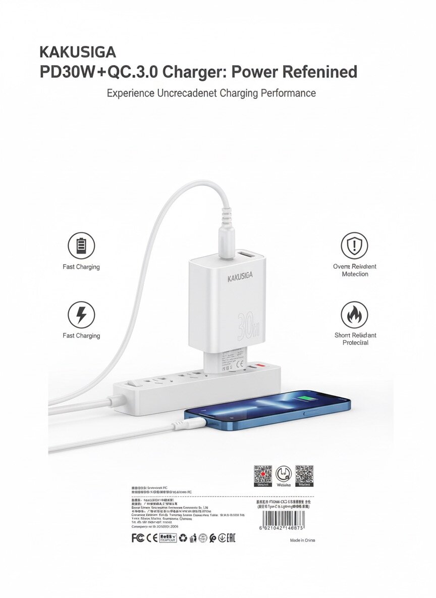 Набор адаптеров kakusiga PD30W+QC3.0, с кабелем Type-C-Lightning, 30Вт — фото 1