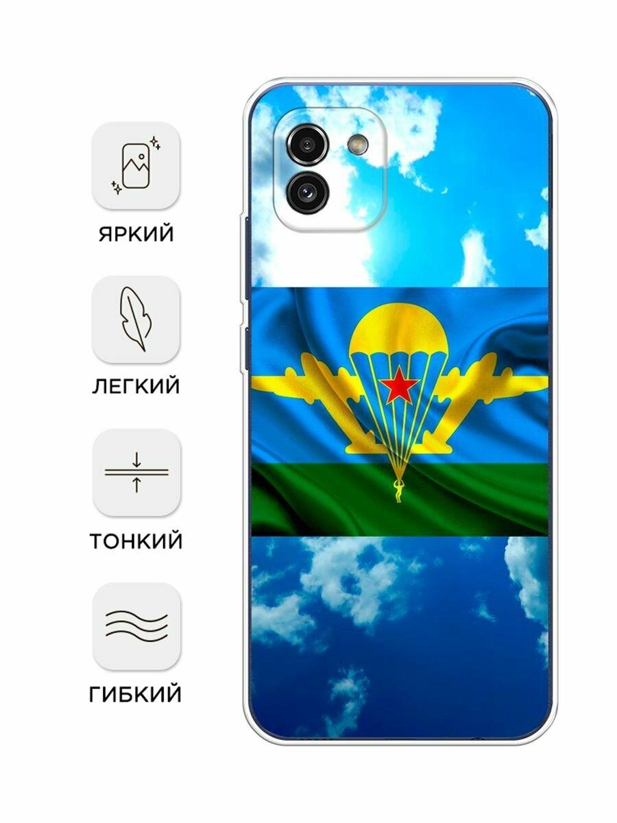 Чехол на Samsung Galaxy A03 / Самсунг Галакси А03 с принтом "ВДВ флаг в небесах" — фото 1